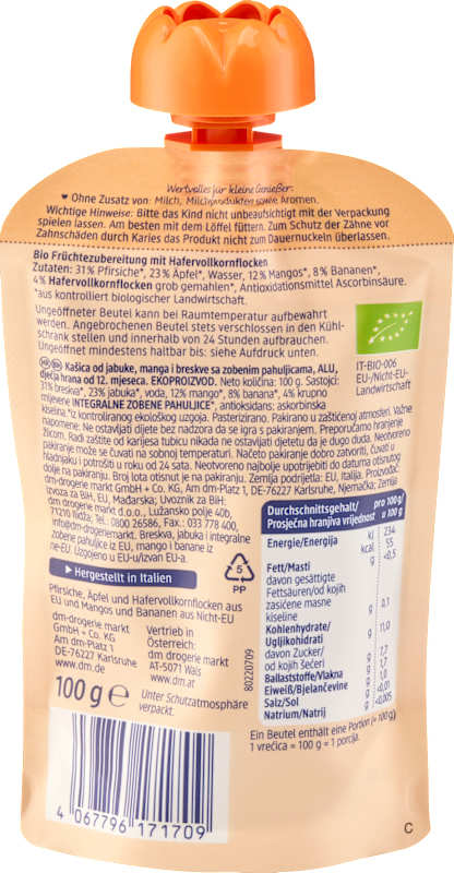 babylove gourde pomme mangue pêche avoine dès 1 an, 100 g