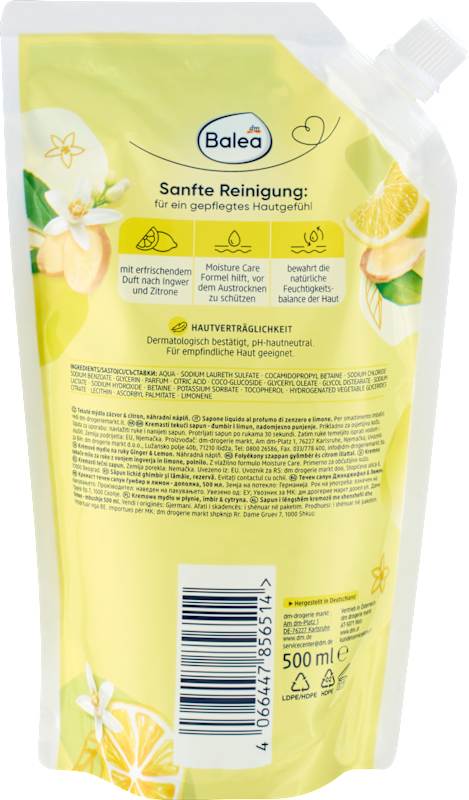 Balea Savon crème Ginger & Lemon recharge 500 ml