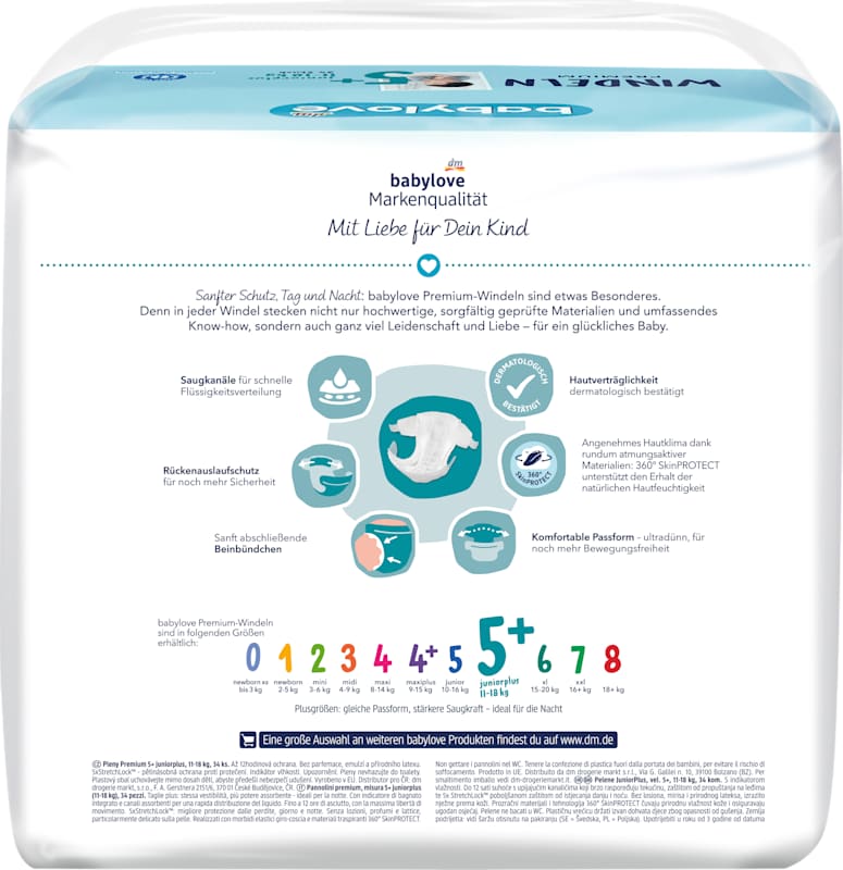 babylove Couches Premium T. 5+ juniorplus 11-18 kg 34 pièces