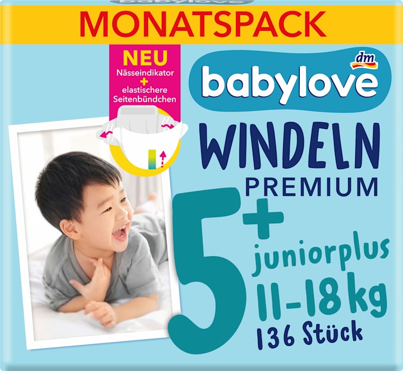 babylove Couches Premium T.5+ junior+ 11-18 kg pack mensuel 136 pièces