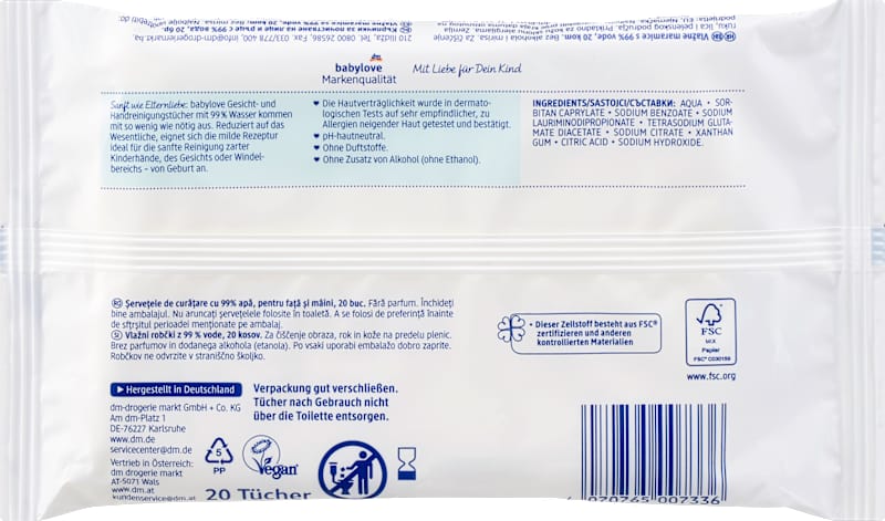 babylove Lingettes visage et mains 99% eau format voyage 20 pièces