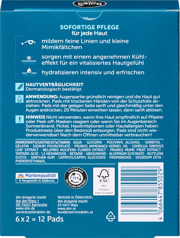 Balea MEN Patchs yeux Hydro (6 paires), 12 pièces