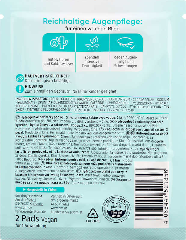 Balea patchs yeux hydrogel eau de cactus (1 paire) 2 pièces