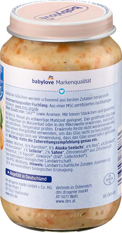 babylove Menu légumes à la crème avec riz et lieu noir dès le 8e mois, 220 g