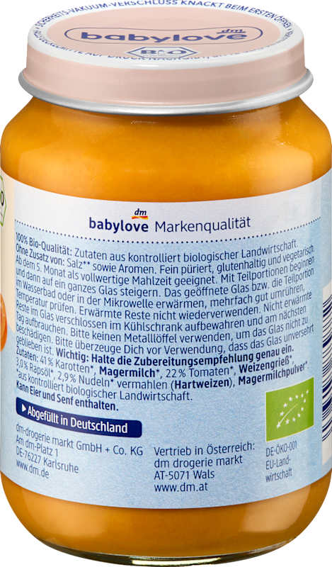 babylove Repas tomates et légumes aux pâtes dès le 5e mois, 190 g