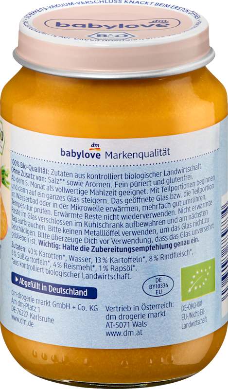 babylove menu carottes patate douce et bœuf dès 5 mois, 190 g