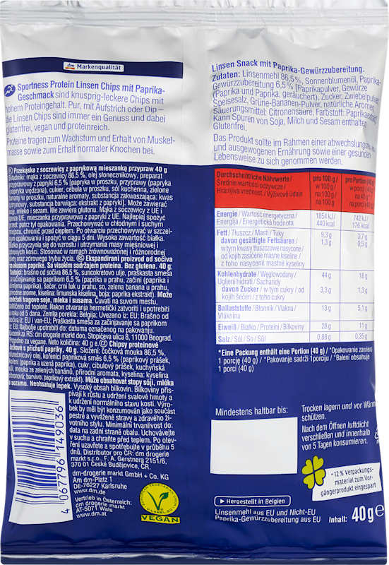 Sportness Chips de lentilles protéinées goût paprika vegan, 40 g