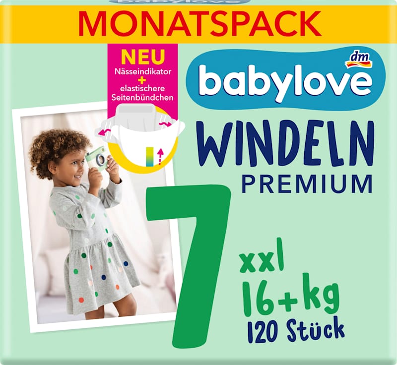 babylove Couches Premium T.7 XXL (16+ kg) pack mensuel, 120 pièces
