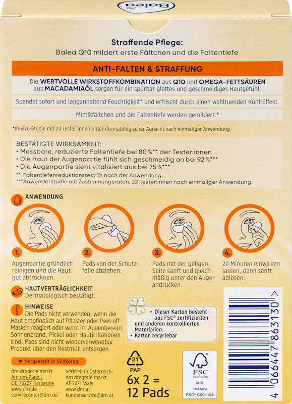 Balea Patchs anti-rides yeux Q10 12 pièces