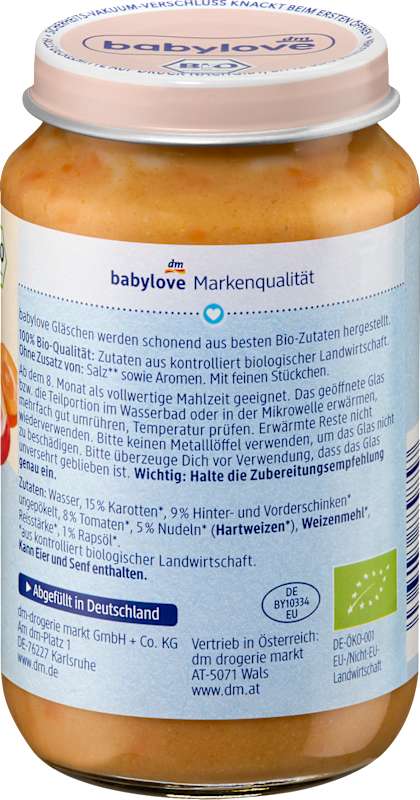 babylove menu pâtes au jambon et légumes dès 8 mois 220 g