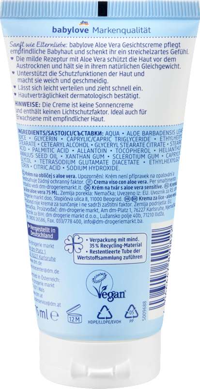 babylove Crème visage bébé Aloe Vera sensitive 75 ml