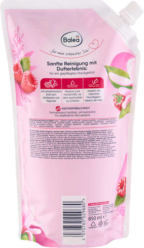 Balea savon crème framboise & magnolia recharge, 850 ml