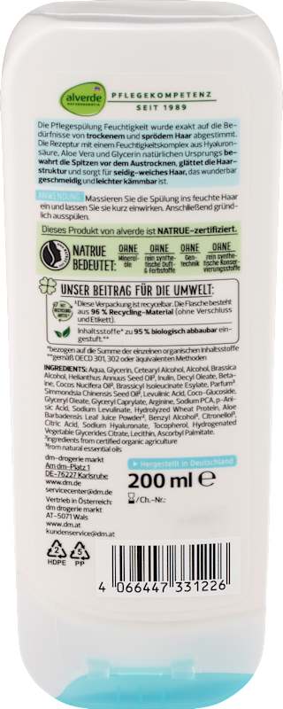 alverde NATURKOSMETIK Après-shampooing hydratant aloe vera & hyaluron 200 ml