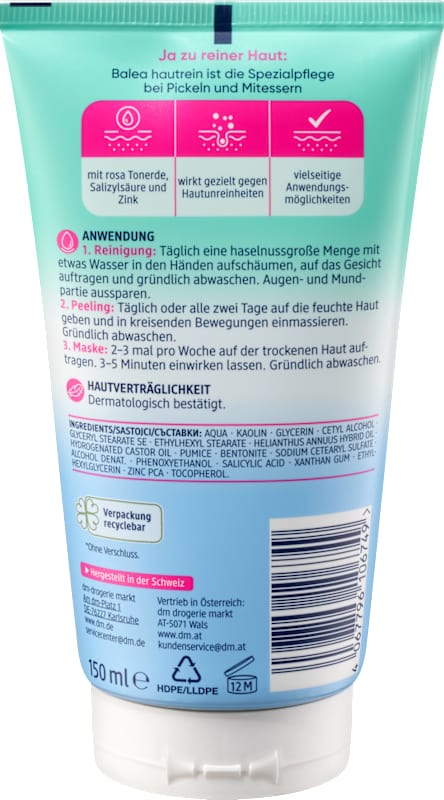 Balea nettoyant visage gommage & masque 3en1 hautrein 150 ml