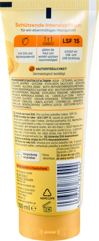 Balea Crème mains Q10 à l'huile d'abricot LSF15 100 ml