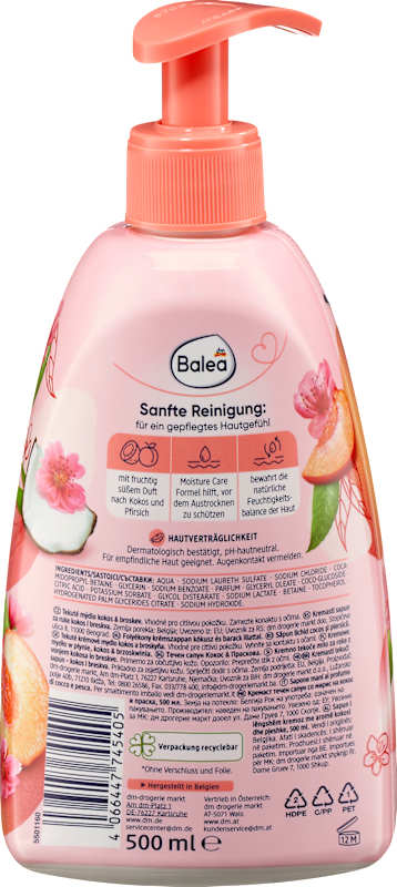 Balea savon crème pêche & coco 500 ml