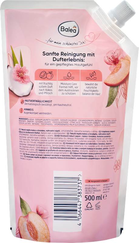 Balea Savon crème pêche & coco recharge 500 ml