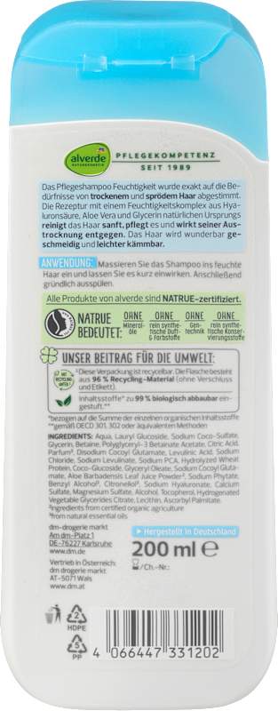 alverde NATURKOSMETIK Shampoing hydratant aloe vera & acide hyaluronique 200 ml