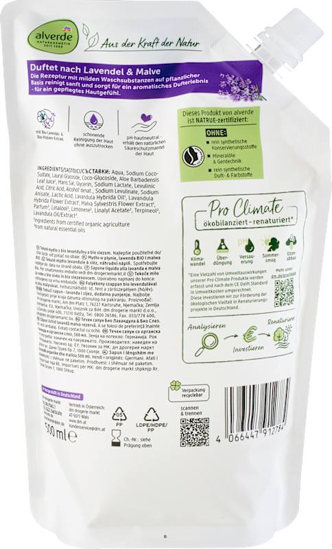 alverde NATURKOSMETIK savon liquide lavande mauve recharge 500 ml