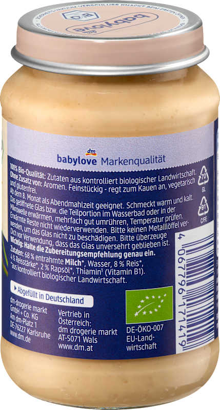 babylove bouillie du soir riz au lait nature dès 8 mois 190 g