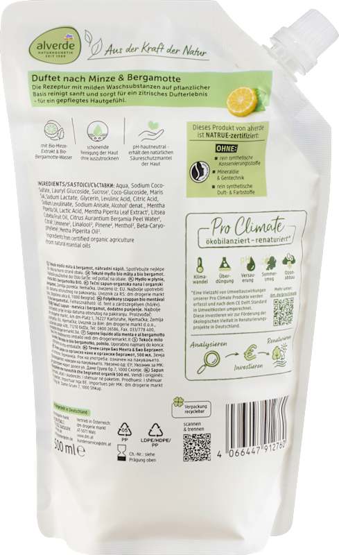 alverde NATURKOSMETIK Savon Liquide Menthe Bergamote Recharge 500 ml