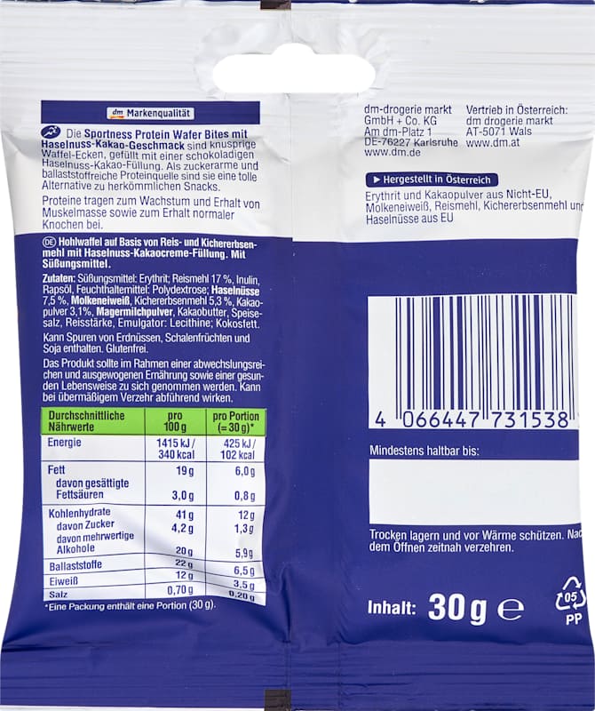 Sportness Protein Wafer Bites noisette-cacao 30 g