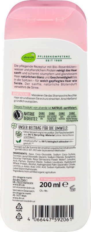 alverde NATURKOSMETIK shampooing brillance eau de rose & protéine végétale, 200 ml