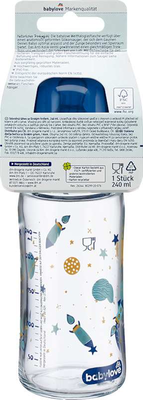 babylove Biberon col large en verre, bleu, dès la naissance, 240 ml, 1 pièce