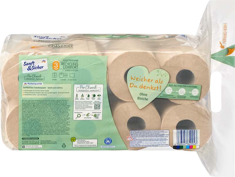 Sanft&Sicher papier toilette recyclé 3 plis 16x220 feuilles 16 pièces