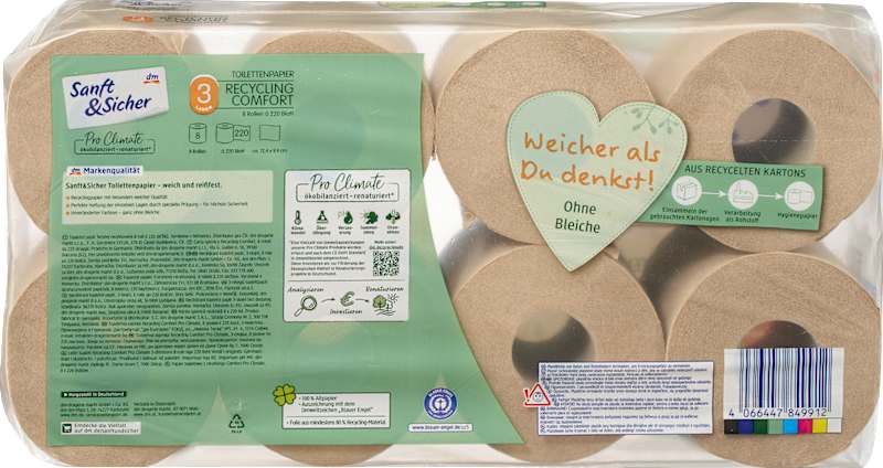 Sanft&Sicher Papier toilette recyclé 3 plis 8x220 feuilles 8 pièces