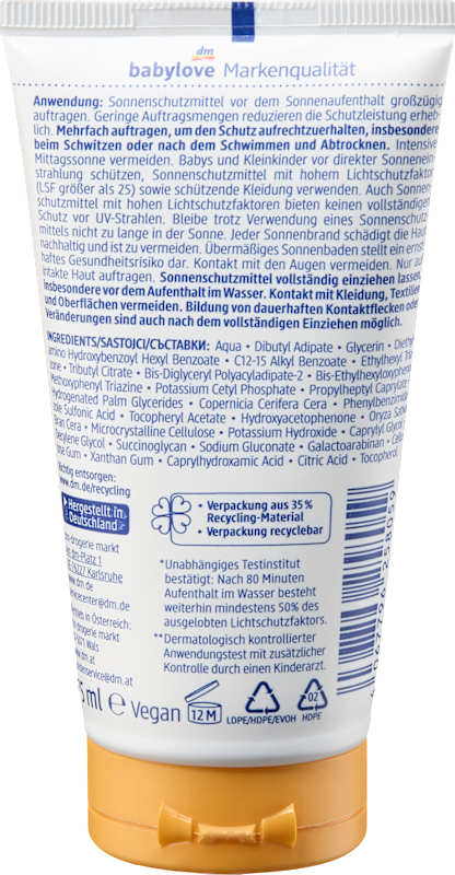 babylove crème solaire bébé sensitive LSF 50+ 75 ml