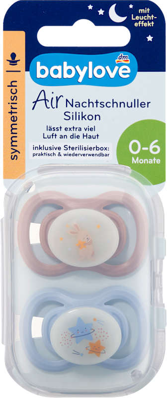 babylove Sucette Air Nuit silicone symétrique bleu/rose 0-6 mois, 2 pièces