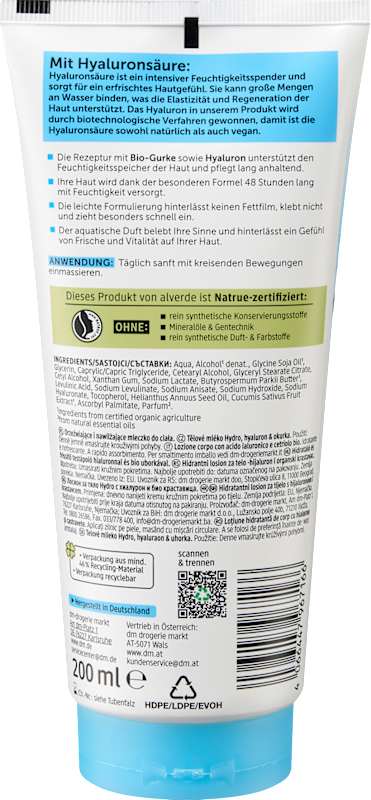 alverde NATURKOSMETIK lotion corporelle Hydro hyaluron & concombre 200 ml