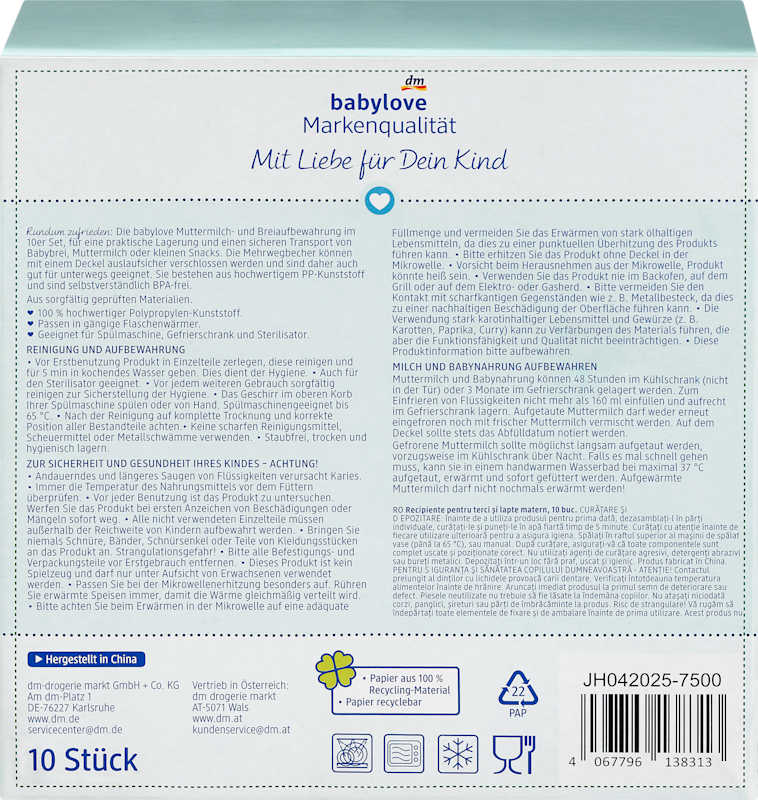 babylove Récipients conservation lait & purée, 10 pièces