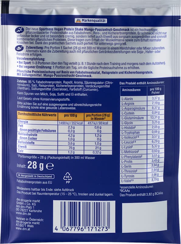 Sportness Poudre protéinée vegan Mangue Fruit de la passion 28 g