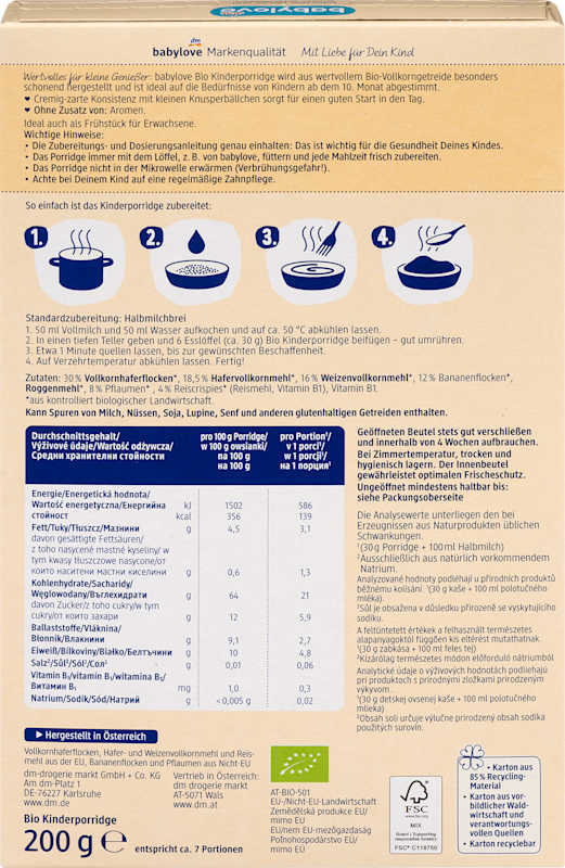 babylove porridge banane & prune dès 10 mois 200 g