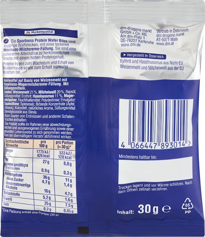 Sportness Protein Wafer Bites goût noisette-crème de lait, 30 g