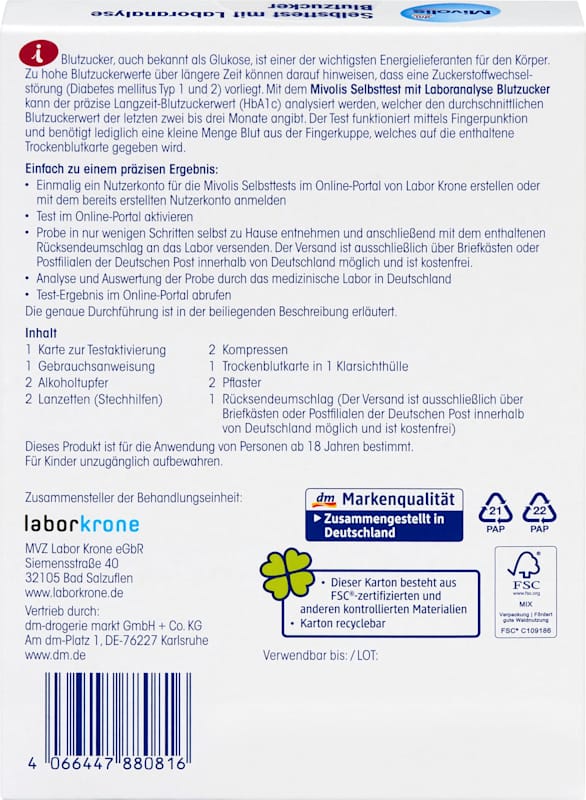 Mivolis Autotest avec analyse en laboratoire Glycémie 1 utilisation 1 pièce