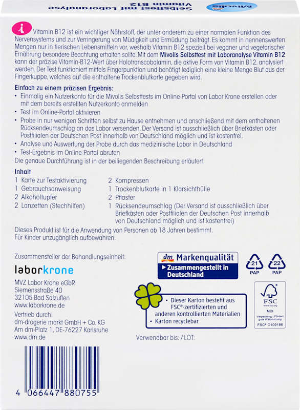 Mivolis Autotest avec analyse labo Vitamine B12 1 pièce