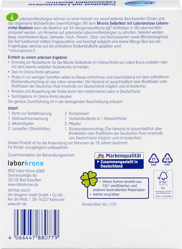 Mivolis autotest avec analyse laboratoire réaction alimentaire 1 application 1 pièce