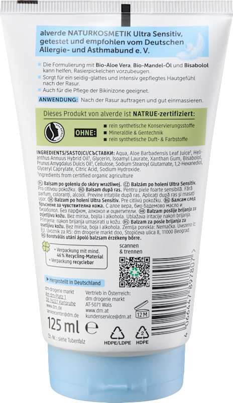 alverde NATURKOSMETIK baume après-rasage Ultra Sensitiv 125 ml