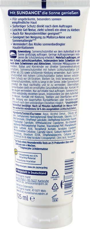 SUNDANCE Gel-crème solaire MED ultra sensible LSF 50+, 125 ml