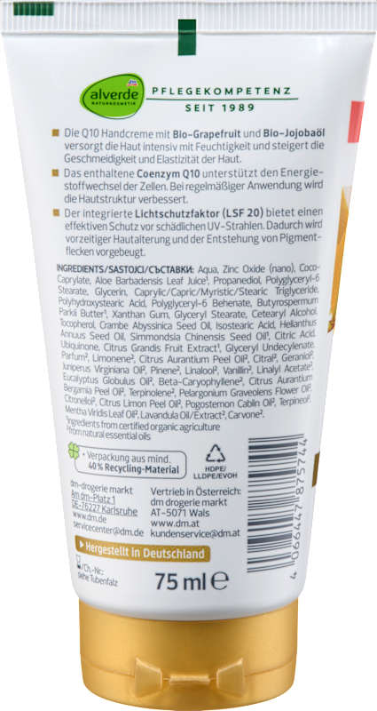 alverde NATURKOSMETIK Crème mains Q10 LSF 20 75 ml