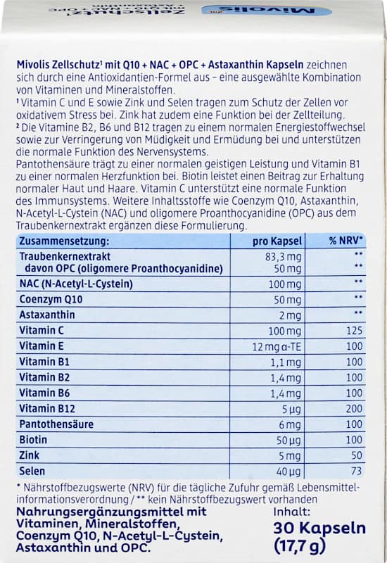 Mivolis protection cellulaire Q10 + NAC + OPC + Astaxanthine gélules 30 pcs 17,7 g