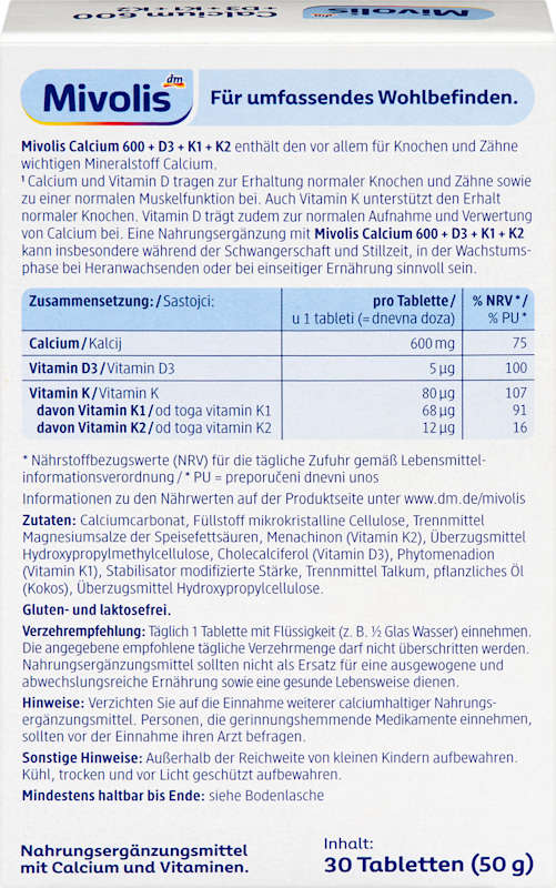 Mivolis Calcium 600 + D3 + K1 + K2 comprimés 30 pièces 50 g
