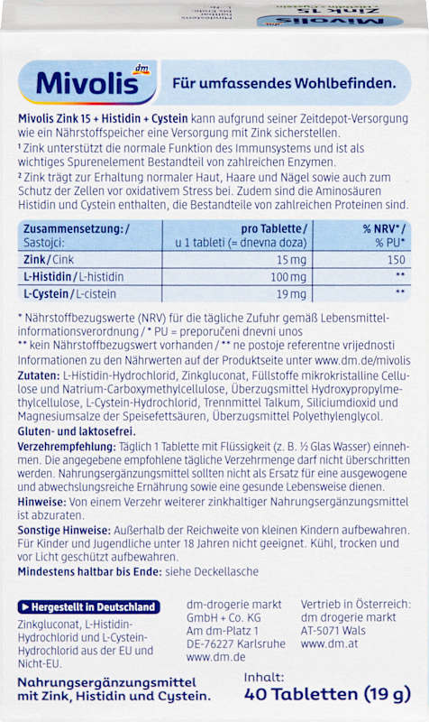 Mivolis Zinc 15 + Histidine + Cystéine comprimés 40 pièces 19 g