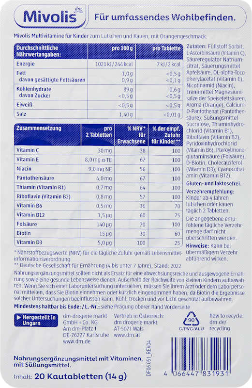 Mivolis multivitamines pour enfants comprimés à croquer 20 pc 14 g