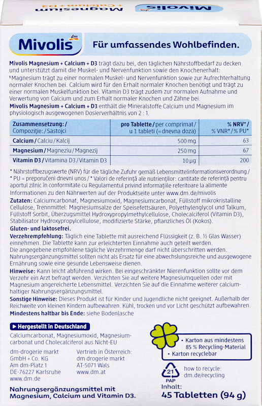Mivolis Magnésium + Calcium + D3 comprimés 45 pièces 94 g