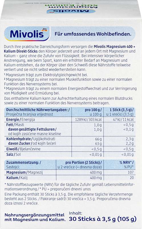 Mivolis Magnésium 400+Potassium sticks 30 pièces 105 g