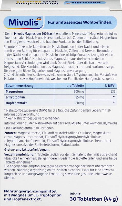 Mivolis Magnesium 500 nuit comprimés, 30 pièces, 44 g